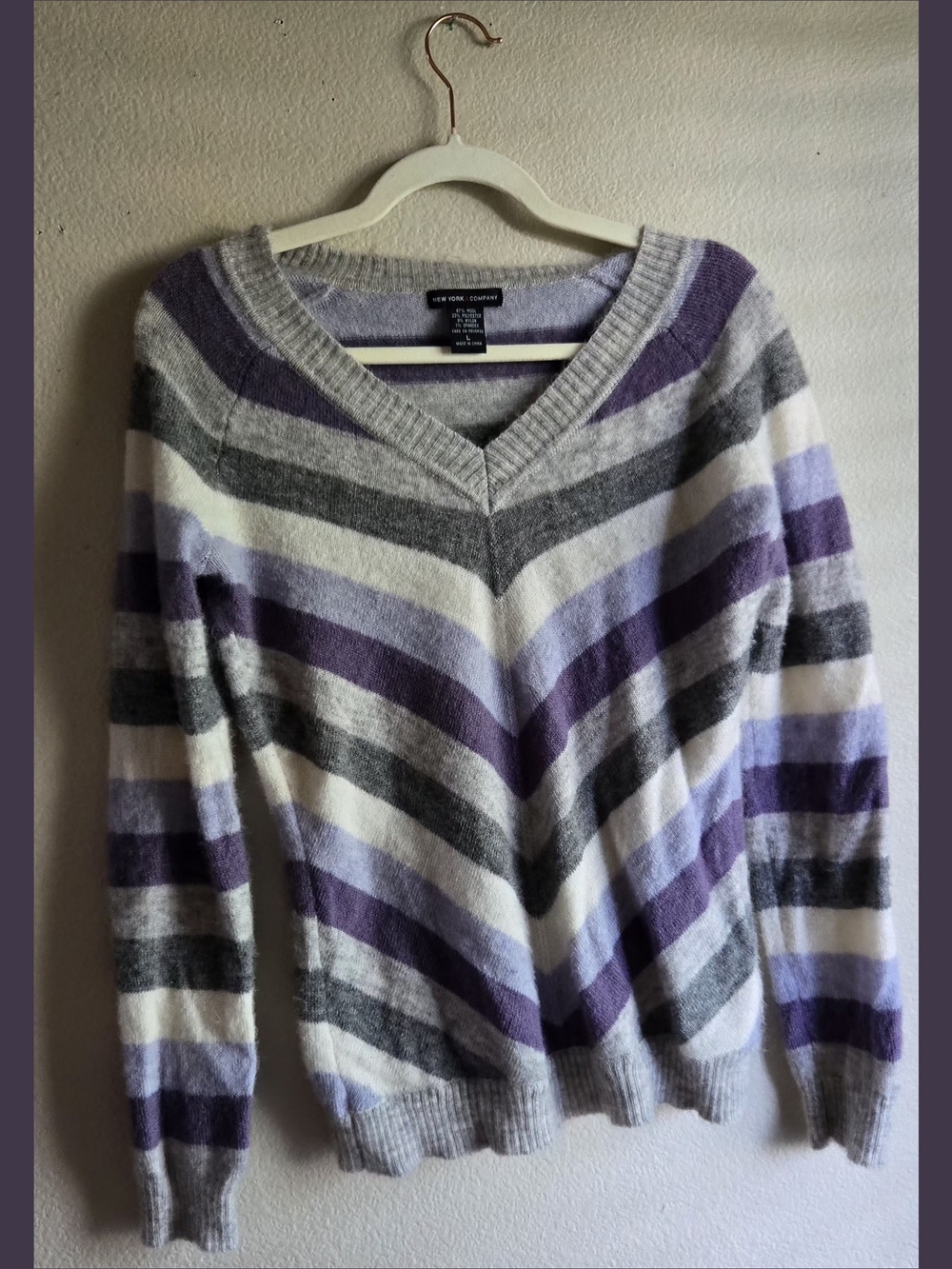 New York & Company Purple, Gray & White Chevron V-Neck Sweater
